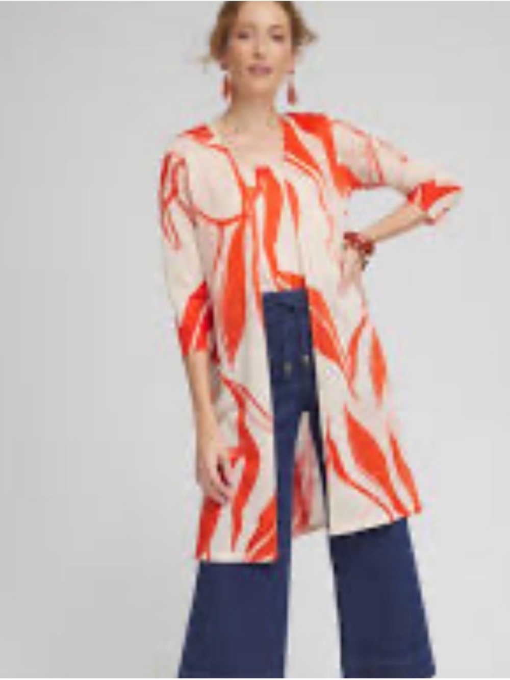 Chico's Cream and Orange Floral Open-Front Cardigan